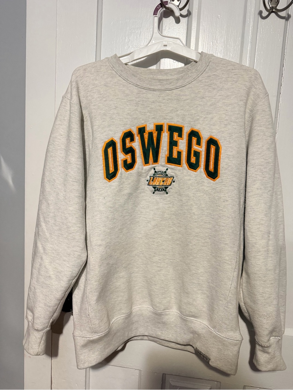 Oswego Light Gray Crewneck Sweatshirt with Green & Gold Appliqué